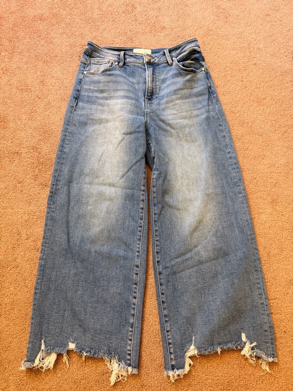 Frayed-Hem Wide Leg Jeans in Faded Blue